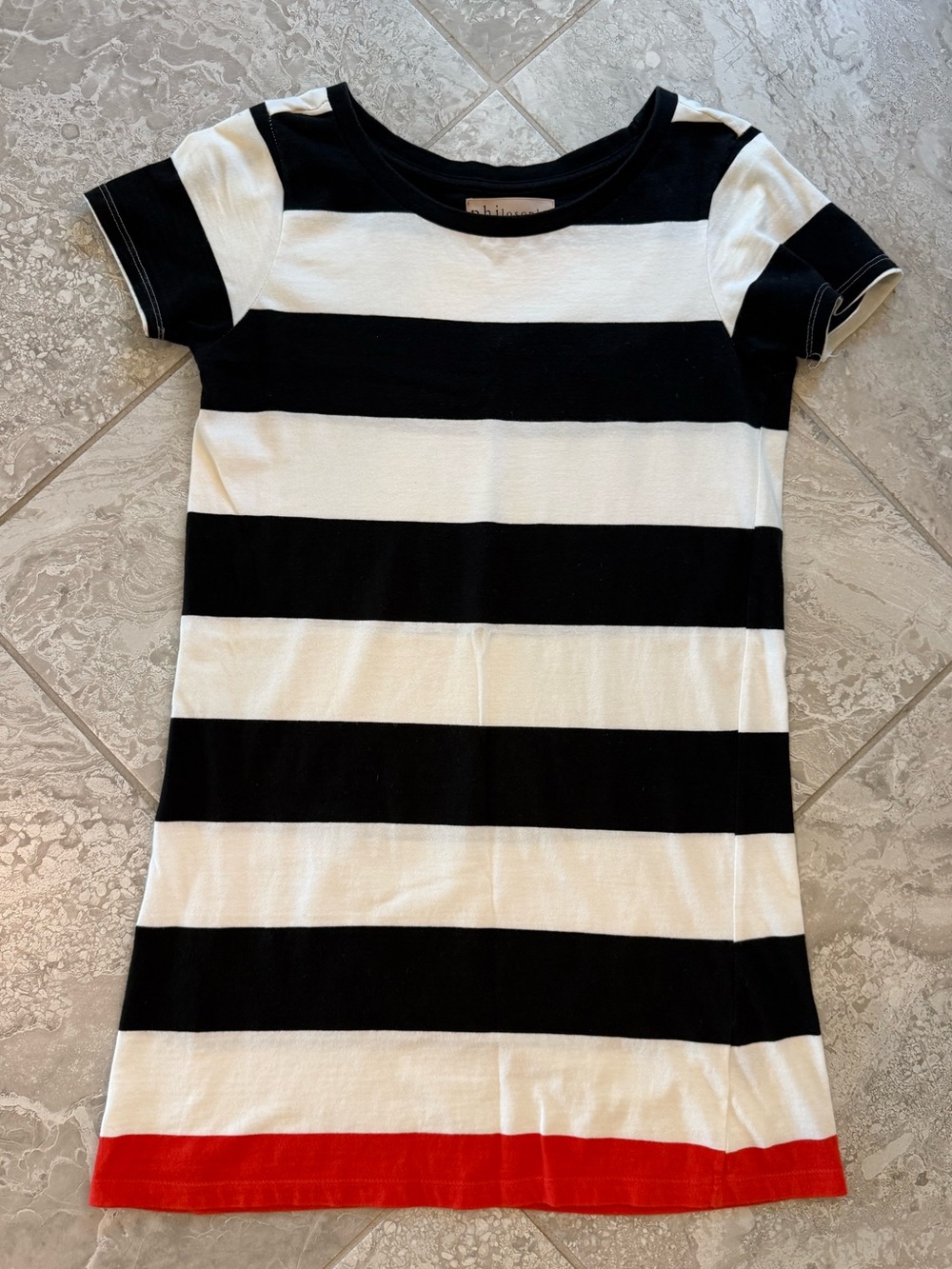 Philosophy Black & White Striped Short Sleeve T-shirt Dress with Red Hem, XS